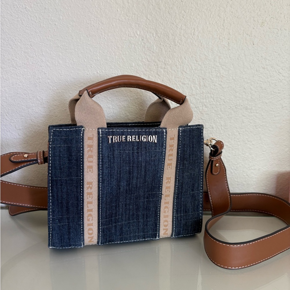 True Religion Blue Denim Bag with Tan Details